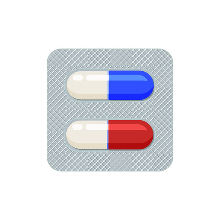 Vector realistic pills blue and red color, 3d packagingのイラスト素材