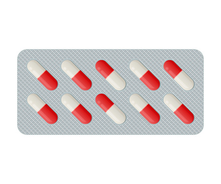 Red and white color realistic pills packaging, vector illustration.のイラスト素材