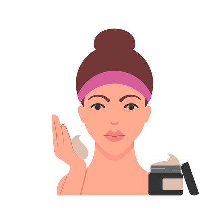 A woman is applying facial cream, moisturizer, flat style, vector illustrationの写真素材