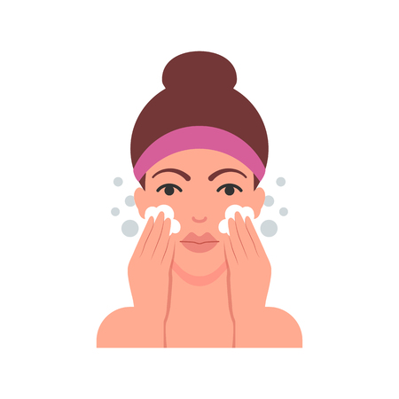 A woman is washing her face with cleanser, flat style, vector illustrationの写真素材