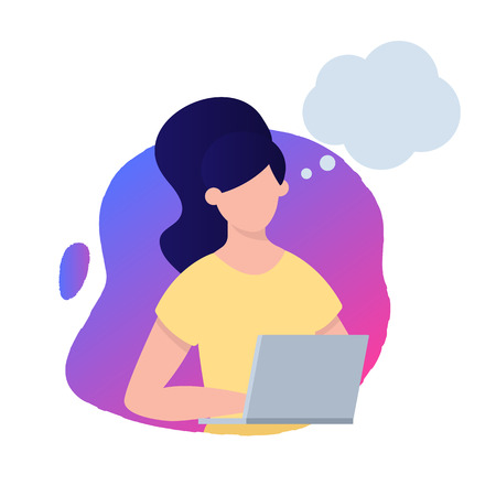 Vector illustration of woman working on the computer and thinking with empty thought bubbleのイラスト素材