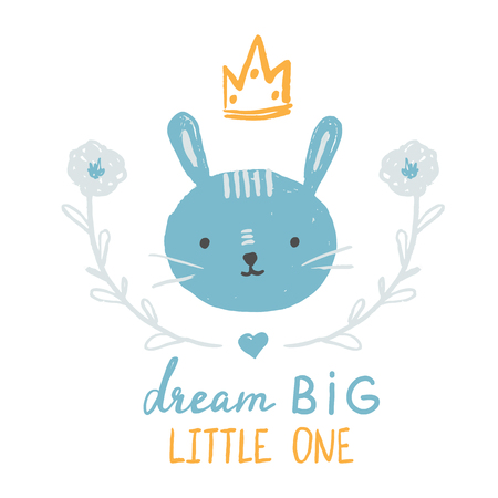 Rabbit, bunny Childish print. Dream big little one lettering. Vector children's illustrationのイラスト素材