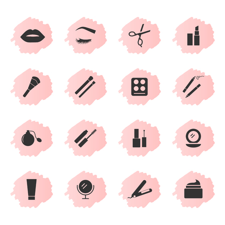 Makeup and cosmetics icons, black silhouettes on pink backgroundのイラスト素材