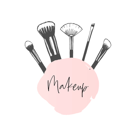 Makeup banner with brushes, template for makeup artist, hand drawn vector illustrationのイラスト素材