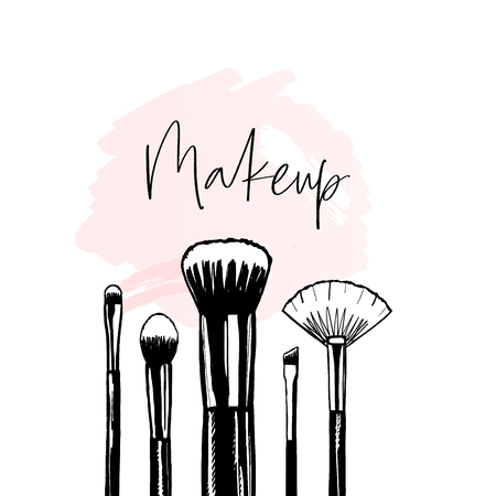 Makeup banner with brushes, vector template for makeup artist. Hand drawn beauty illustrationのイラスト素材