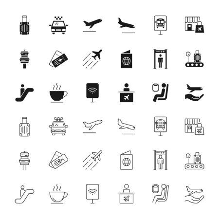 Airport black silhouettes and outline icons setのイラスト素材