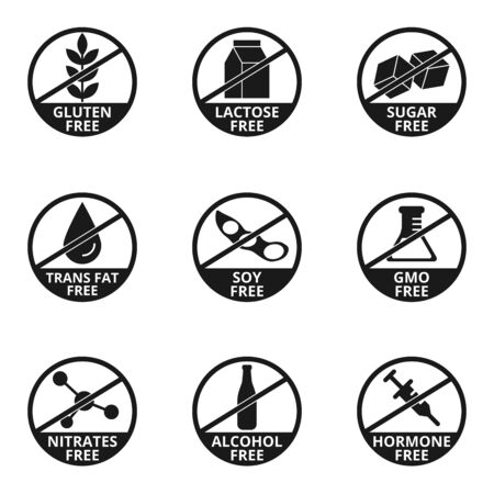Gluten, lactose, sugar, trans fat, soy, gmo, nitrates, alcohol, hormone free signs vector setのイラスト素材