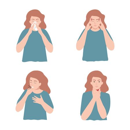 Symptoms of illness - runny nose, headache, cough, sore throat vector illustration flat styleのイラスト素材