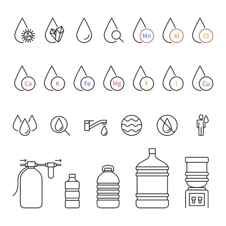 Water icons set. Minerals, structure, bottles.のイラスト素材