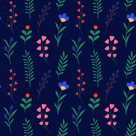 Bright seamless floral pattern, wildflowers, branches, leaves, vector botanyのイラスト素材