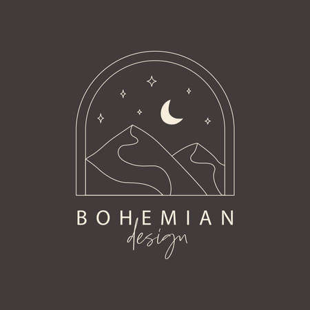 Boho  template moon and stars, night, mountains, natureのイラスト素材