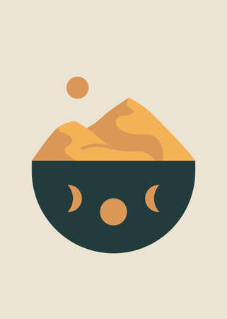 Desert and moon phases abstract minimal illustrations. Boho home decor, mid-century wall postersのイラスト素材