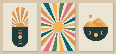 Sunburst, sunrise, sunset, moon phases, desert abstract minimal illustrations. Boho home decor,...