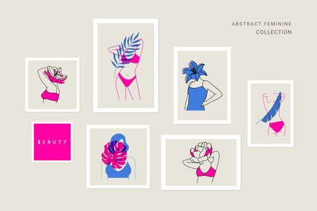 Girls and flowers abstract collection wall art home decor. Females, women, feminity collage. Minimal art background, print, cover, story, post, social mediaのイラスト素材