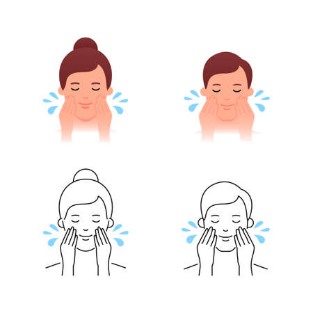 Woman washing her face icons, Mens facial skin care editable strokeのイラスト素材