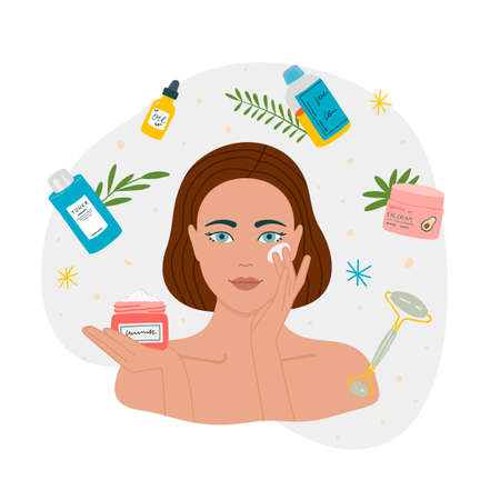 Skincare routine illustration, a woman applying moisturizer, toner, serum, eye cream, jade roller, lotionのイラスト素材