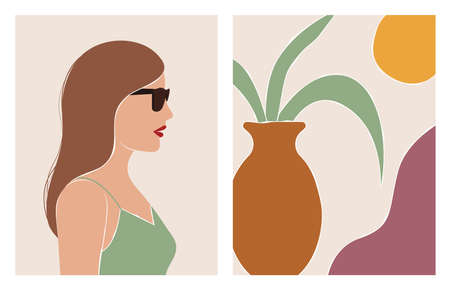Illustrations of woman wearing sunglasses and abstract boho art. Modern illustrations, minimal styleのイラスト素材