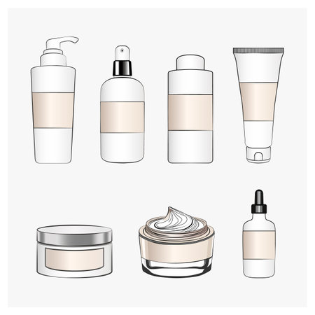 Cleanser, toner, serum, eye cream, sunscreen, hand cream, moisturizer. Skincare products setのイラスト素材