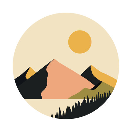 Abstract boho landscape illustration. Sun, mountains, nature, lake, forest, hills minimalist designのイラスト素材