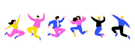 Happy people jumping, women and men flat design