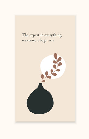Bohemian illustration with motivational quote, story template. Vector background for social media, posts. Botany elements in beige colors vertical card, minimal style bannerのイラスト素材