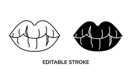 Cheilitis icon. Cracked lips sign, line and silhouette vector, editable strokeのイラスト素材
