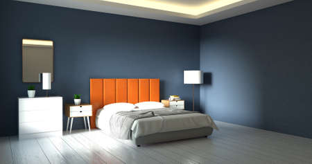 3d rendering perspective of cozy bedroom interior design with cool tone color.