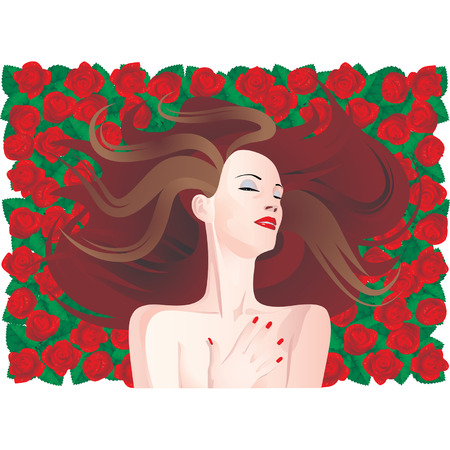 Woman with long brown hair on a background of red fresh rosesのイラスト素材