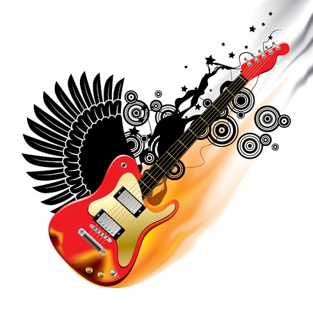 Vector illustration of a red bass guitar in flame on white backgroundのイラスト素材