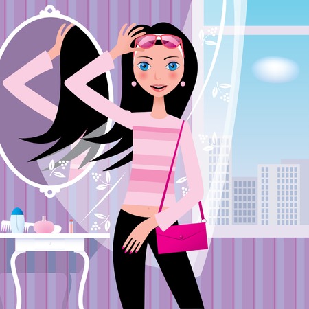 Vector illustration with a girl in rose glasses going on a walkのイラスト素材