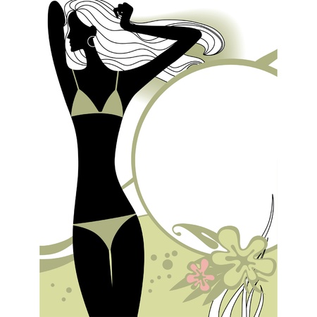 Vector fashion page with black silhouette of the girl in light-olive green bikiniのイラスト素材