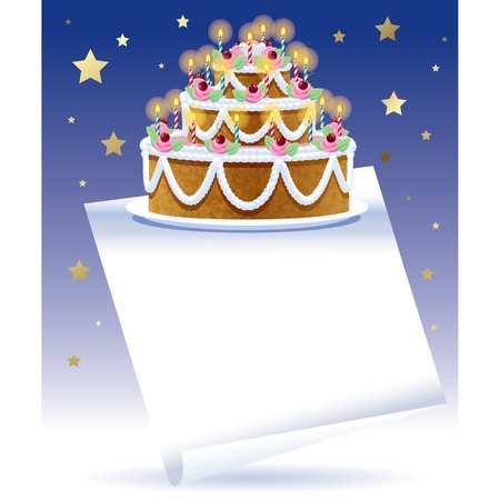 Vector birthday cake with white banner and gold stars on the blue backgroundのイラスト素材