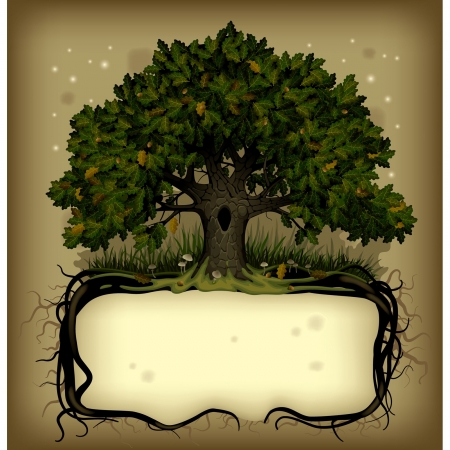 Vector old-fashioned banner with fairy-tale rooted oak treeのイラスト素材