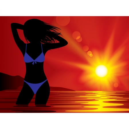 Vector image of black silhouette of a girl in bikini at sunset at the sea のイラスト素材