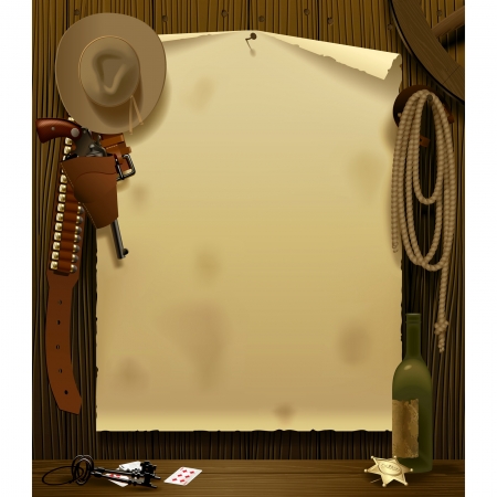 Vector illustration with a Wild West Relay Poster in the environment of cowboy accessories on the wood wall backgroundのイラスト素材