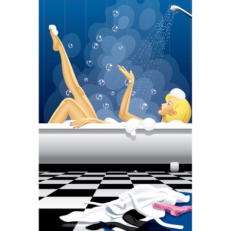 Vector image of attractive sexy blonde naked girl relaxing in hot bubbly bath with soap bubble under the shower in blue bathroom with chess floorのイラスト素材