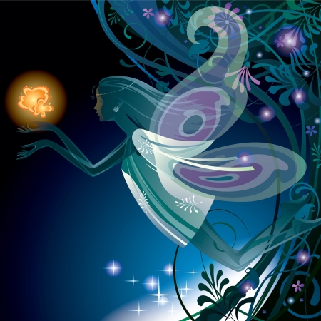 Vector image of a transparent fairy girl with orange flower on vegetable background in nightのイラスト素材