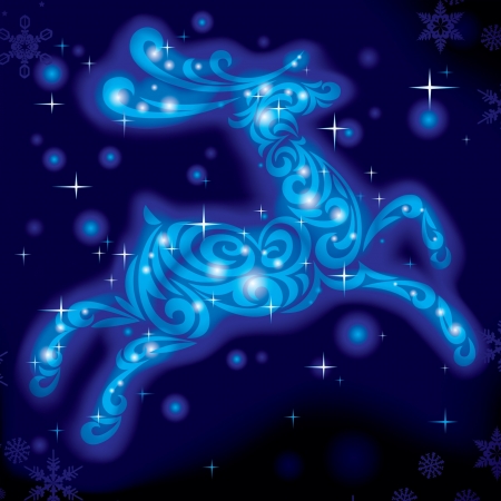Vector image of the christmas greeting card with a decorative luminous fairy deer jumping on blue starry skyのイラスト素材
