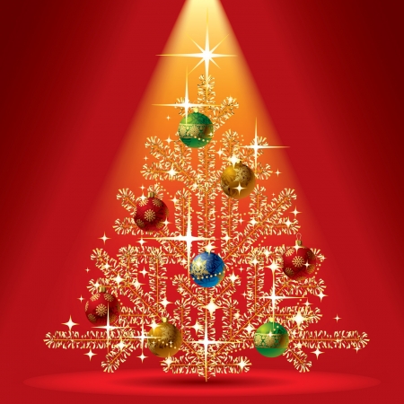 Vector red xmas card with a decorative gold christmas tree on the red shining backgroundのイラスト素材