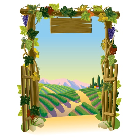 Vector image of the vintage wooden gate with grapes and sunlit vineyard with a road against a backgroundのイラスト素材