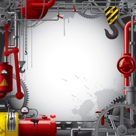 Vector engineering background with gears, levers, pipes, meters, production line, flue and lifting craneのイラスト素材