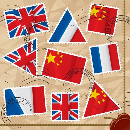 Vector of vector set of postage stamps of various shapes with world flags on the crumpled paper background with seals のイラスト素材