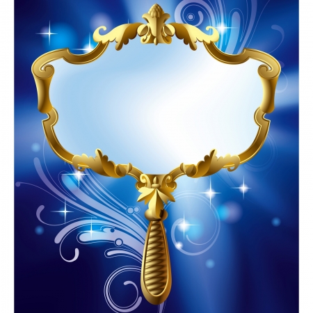 Vector image of gold Magic mirror on the luminous blue starry background with decorative elements  contain the Clipping Path のイラスト素材