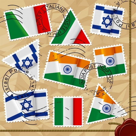 Vector set of postage stamps of various shapes with world flags on the crumpled paper background with seals  contain the Clipping Path のイラスト素材