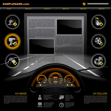 Black automobile Service Website design template with dashboard, night road, service and repair related icons. Vector illustrationのイラスト素材