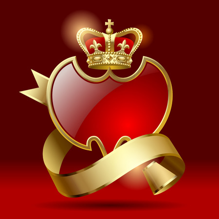 Retro artistic badge in the form of a shields with gold ribbon and crown against a dark red backgroundのイラスト素材