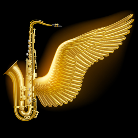Gold saxophone with wing on black. Jazz music festival poster and concept design. Vector illustrationのイラスト素材