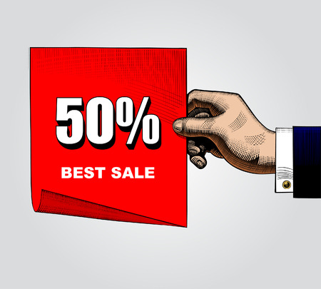 Vintage color drawing of hand with a red paper sheet. Retro concept poster discount sale. Sale banner. Vector illustrationのイラスト素材