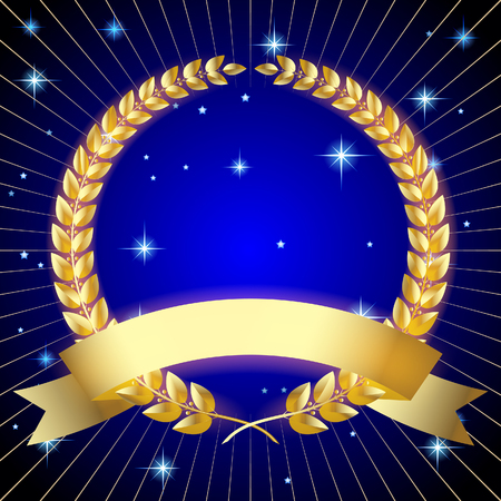 Gold laurel wreath with a ribbon on dark blue starry background. Premium and anniversary symbol. Vector Illustrationのイラスト素材