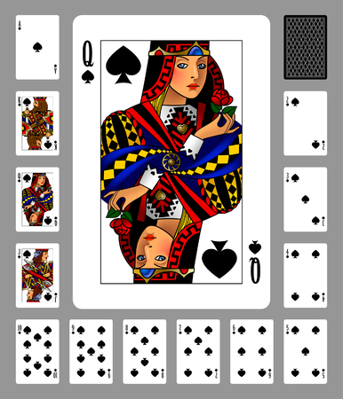 Playing cards of Spades suit and back on green background. Colorful original design. Vector illustrationのイラスト素材